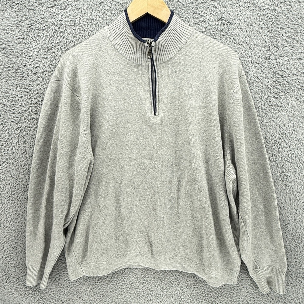 Eddie Bauer 1/4 Zip Pullover Sweater Heavyweight Cotton Gray Navy Trim Men's 2XL